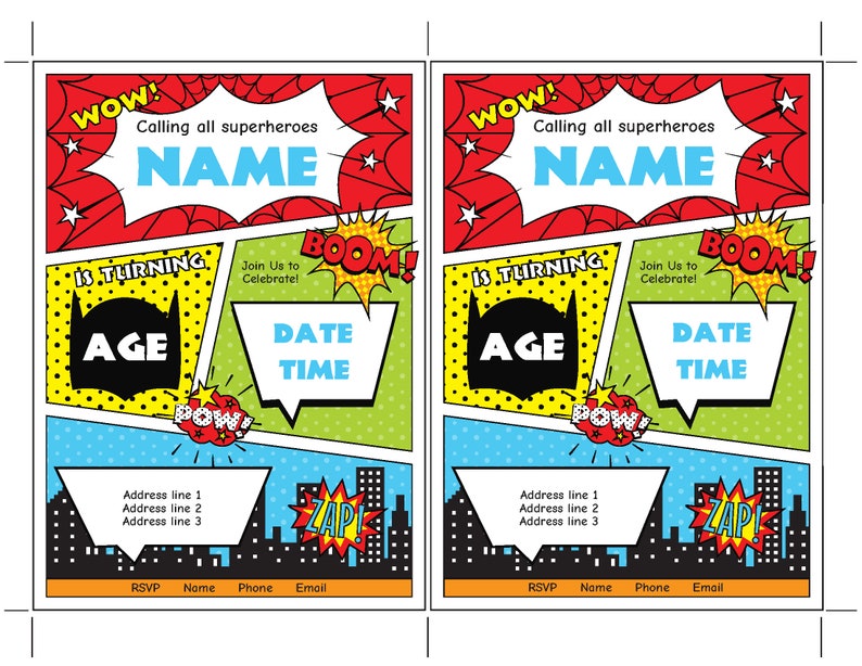Puede incluir: Una invitaci&oacute;n de cumplea&ntilde;os de estilo c&oacute;mic con un esquema de color rojo, amarillo, azul y verde. La invitaci&oacute;n dice "WOW! Llamada a todos los superh&eacute;roes NAME est&aacute; cumpliendo AGE a&ntilde;os. &iexcl;&Uacute;nete a nosotros para celebrar! BOOM! DATE TIME".