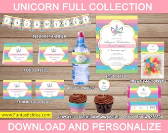 May include: A collection of unicorn-themed party supplies, including a pennant banner, food labels, bottle labels, invitation, treat bag toppers, thank you cards, cupcake toppers, and candy bar wrappers. The design features pastel rainbow colors and unicorn graphics. Text includes "Unicorn Full Collection" and "Download and Personalize."