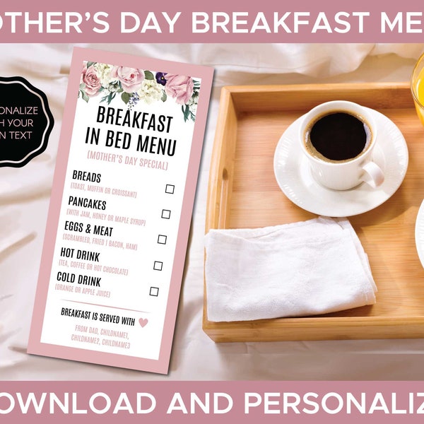 Mother's Day Breakfast in Bed Menu, Mother's Day Breakfast, Mother's Day Treat, Mothers Day Ideas, Breakfast for Mom| Editable PDF