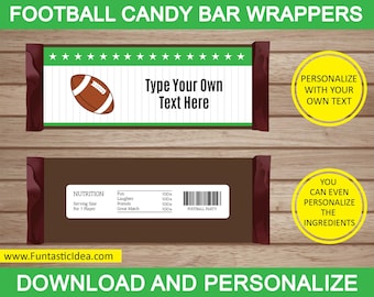 Könnte beinhalten: Druckbare Fußball-Schokoladenriegel-Verpackungen in Braun und Grün. Die Verpackung zeigt einen Fußball, Sterne und den Text "Type Your Own Text Here".