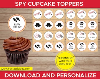 Spion / Geheimagent Geburtstag Cupcake Toppers, Spion Kreise, Spion Cake Toppers, Spion Party | Bearbeitbarer Text - Sofortiger Download PDF Printable