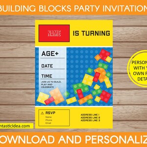 Building Blocks Geburtstag Einladung, Building Blocks Party Einladung, Building Blocks Einladung, Building Blocks Invite | Sofort Download