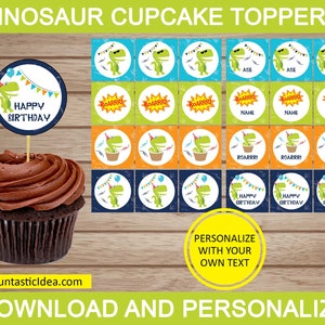 Dinosaur Birthday Cupcake Toppers, Dinosaur Circles, Dinosaur Cake Toppers, Dinosaur Party | Editable Text - Instant Download PDF Printable