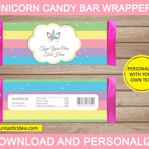 Unicorn Candy Bar Wrappers - Unicorn Favor, Chocolate Labels, Unicorn Birthday Party | Editable Text - Instant Download PDF Printable