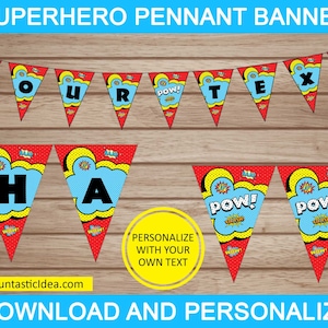 Superhero Pennant Banner, Superhero Party Banner, Superhero Party Decoration  | Editable Text - Instant Download PDF Printable