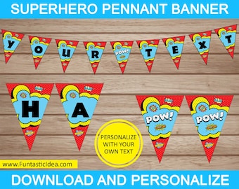 Banner de banderín de superhéroes, banner de fiesta de superhéroes, decoración de fiesta de superhéroes / texto editable - Descarga instantánea PDF imprimible