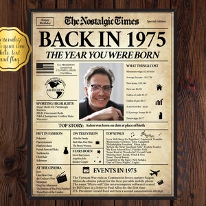 En 1975, Lo que sucedió en 1975, 1975 en el pasado, Regalo de cumpleaños único, Regalo nostálgico, Regalo editable, Regalo de periódico / Editar en línea