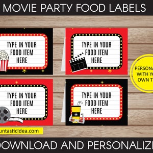 Etiquetas de alimentos para fiestas temáticas de películas, tarjetas de lugar de películas, tarjetas de tiendas de campaña de películas, etiquetas de películas / texto editable - Descarga instantánea de PDF imprimible
