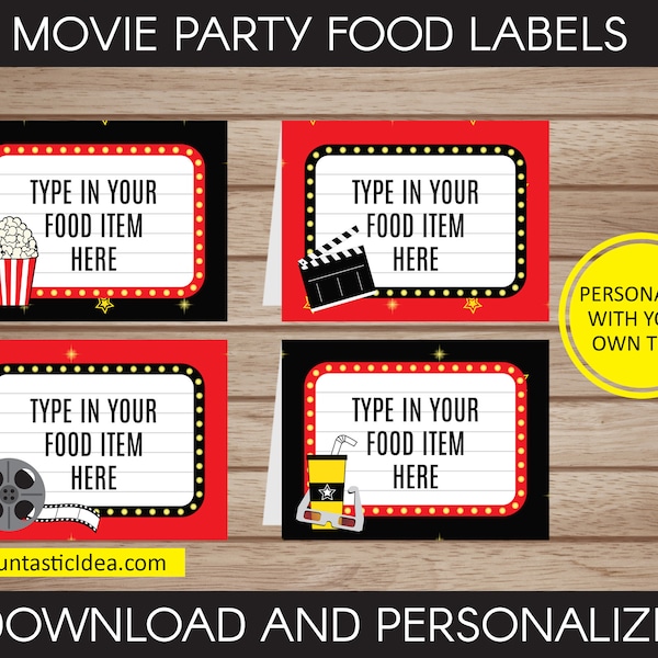 Movie Themed Party Food Labels, Movie Place Cards, Movie Tent Cards, Movie Labels | Editable Text - Instant Download PDF Printable