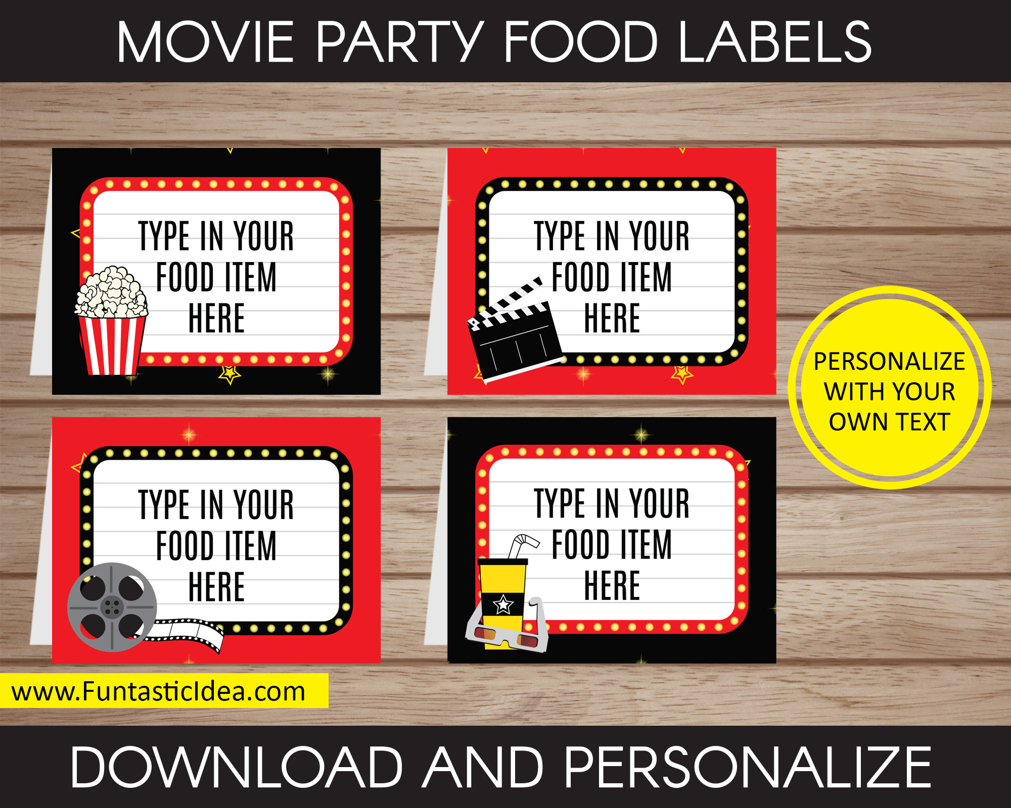 Movie Themed Party Food Labels, Movie Place Cards, Movie Tent Cards, Movie Labels | Editable Text - Instant Download PDF Printable