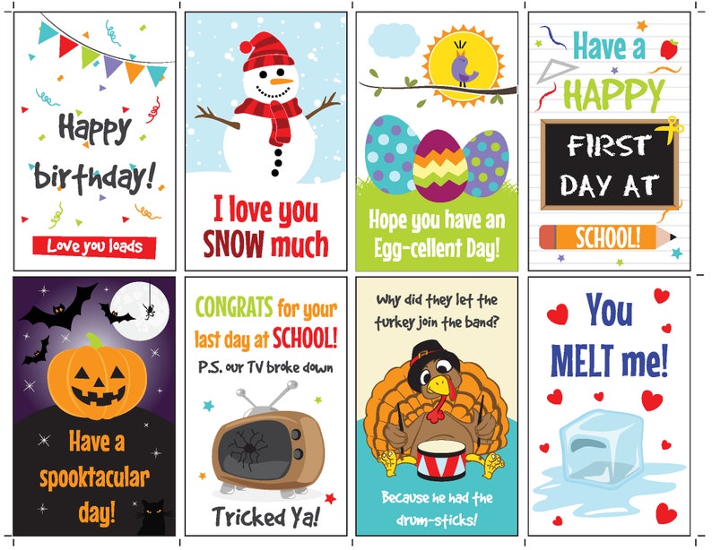Puede incluir: Conjunto de 8 tarjetas de felicitaci&oacute;n imprimibles con varias ilustraciones y texto. Las tarjetas incluyen una tarjeta de cumplea&ntilde;os, una tarjeta de mu&ntilde;eco de nieve, una tarjeta de Pascua, una tarjeta del primer d&iacute;a de escuela, una tarjeta de Halloween, una tarjeta del &uacute;ltimo d&iacute;a de escuela, una tarjeta de Acci&oacute;n de Gracias y una tarjeta de San Valent&iacute;n.