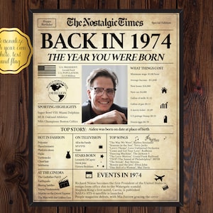 Terug in 1974, wat er gebeurde in 1974, 1974 terug in de dag, uniek verjaardagscadeau, nostalgisch cadeau, bewerkbaar cadeau, krantencadeau | Online bewerken