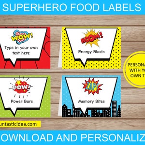 Superhero Food Labels, Superhero Place Cards, Superhero Tent Cards, Superhero Labels | Editable Text - Instant Download PDF Printable