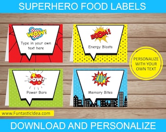Superhelden Essen Etiketten, Superhelden Tischkarten, Superhelden Zelt Karten, Superhelden Etiketten | Bearbeitbarer Text - Sofortiger Download, PDF zum Ausdrucken