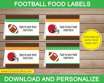 May include: Four printable food labels with a football and helmet theme. The labels have a brown background with orange and green stripes. The text on the labels reads "Type in your food item here".