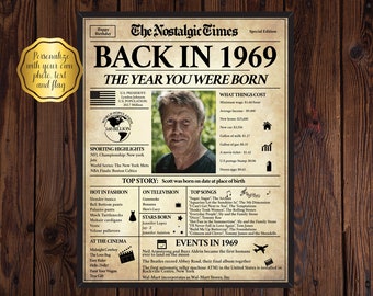 Back in 1969, What Happened in 1969, 1969 Back In The Day, Unique Birthday Gift, Nostalgic Gift, Editable Gift, Newspaper Gift | Edit Online