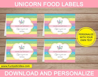 May include: Four printable food labels featuring a unicorn with rainbow stripes and gold glitter. The labels say "Names Age Birthday" and "Type in your own text here".
