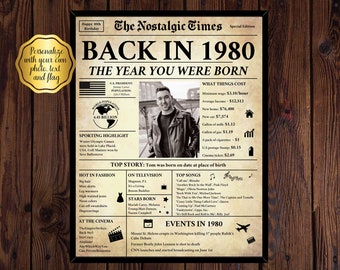 Damals im Jahr 1980, was 1980 passierte, 1980 zurück in den Tag, einzigartiges Geburtstagsgeschenk, nostalgisches Geschenk, bearbeitbares Geschenk, Zeitungsgeschenk | Online bearbeiten