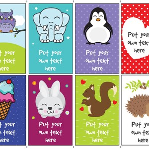 Puede incluir: Ocho tarjetas coloridas con lindas ilustraciones de animales y un espacio para agregar tu propio texto. Los animales incluyen un b&uacute;ho, un elefante, un ping&uuml;ino, un coraz&oacute;n, un cono de helado, un conejito, una ardilla y un erizo.