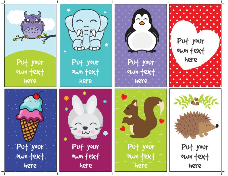Puede incluir: Ocho tarjetas coloridas con lindas ilustraciones de animales y un espacio para agregar tu propio texto. Los animales incluyen un b&uacute;ho, un elefante, un ping&uuml;ino, un coraz&oacute;n, un cono de helado, un conejito, una ardilla y un erizo.