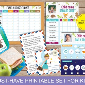 Puede incluir: Conjunto imprimible para ni&ntilde;os con un esquema de color azul y verde. El conjunto incluye una tabla de tareas dom&eacute;sticas, una tabla de recompensas y una tabla de rutina diaria. Cada tabla presenta una foto de un ni&ntilde;o y un personaje de dibujos animados lindo. El conjunto tambi&eacute;n incluye una nota del hada de los dientes y una lonchera con una calcoman&iacute;a de oso.