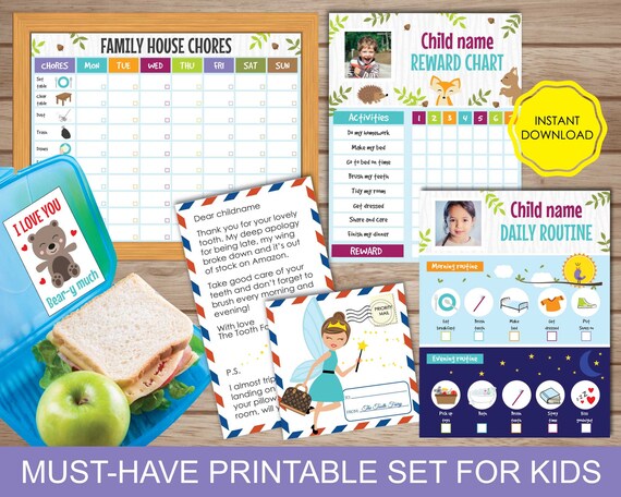 Must-Have Printable Set for Kids | Reward Chart for Kids | Kids Daily Routine | Lunchbox Notes | Tooth Fairy Kit | Family House Chores Chart