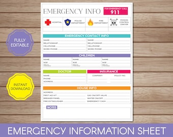 Hoja de información de emergencia / Información de contacto de emergencia para niñeras y niñeras / Números de emergencia / PDF editable y rellenable