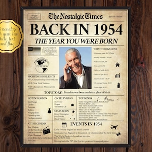 Back in 1954, What Happened in 1954, 1954 Back In The Day, Unique Birthday Gift, Nostalgic Gift, Editable Gift, Newspaper Gift | Edit Online