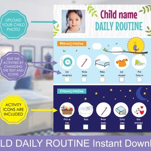 Puede incluir: Un gr&aacute;fico imprimible para la rutina diaria de un ni&ntilde;o. El gr&aacute;fico tiene un espacio para una foto e incluye iconos para actividades como comer el desayuno, cepillarse los dientes, vestirse y ponerse los zapatos. El gr&aacute;fico est&aacute; dise&ntilde;ado para ayudar a los ni&ntilde;os a aprender y seguir una rutina diaria.
