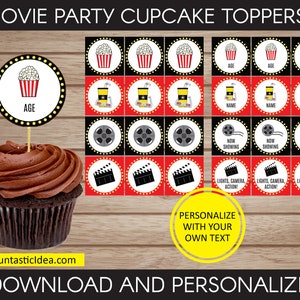May include: A set of 24 printable cupcake toppers featuring a movie theme. The toppers include images of popcorn, film reels, clapperboards, and text such as "Age", "Name", "Now Showing", and "Lights, Camera, Action!" The toppers are designed to be personalized with your own text.