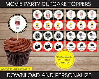 Movie Themed Birthday Party Cupcake Toppers, Movie Circles, Movie Cake Toppers, Movie Party | Editable Text - Instant Download PDF Printable