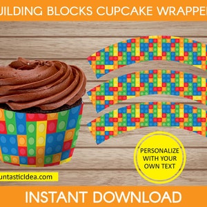 Envoltorios para cupcakes con bloques de construcción, cupcakes con bloques de construcción, fiesta con bloques de construcción, decoración para fiesta con bloques de construcción / Descarga instantánea en PDF