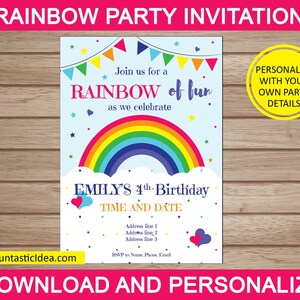 Invitación de cumpleaños del arco iris, invitación de la fiesta del arco iris, invitaciones del arco iris, invitación de la fiesta del arco iris, invitación personalizada del arco iris