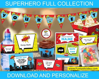 Superhero Birthday Party Kit, SUPERHEROS Birthday Package, Super Hero DIY Party Decorations, Superhero Thank You Cards | Instant Download