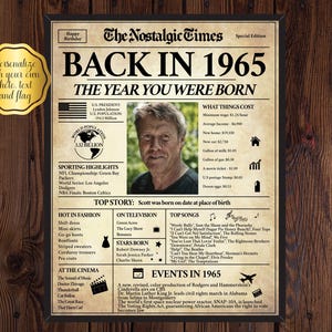 60th Birthday Gift for Men or Women, 60th Birthday Newspaper Poster Sign, 60th Birthday Party Decorations, Back in 1965 | Fully Editable