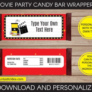 May include: Printable candy bar wrapper template with a red background and a movie theme. The wrapper features a movie clapperboard, popcorn, and 3D glasses. The text "Type Your Own Text Here" is displayed on the wrapper. The wrapper also includes a nutrition facts section with a barcode and the text "Movie Party".