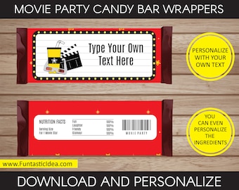 Movie Party Candy Bar Wrappers - Movie Favor, Chocolate Labels, Movie Birthday Party | Editable Text - Instant Download PDF Printable