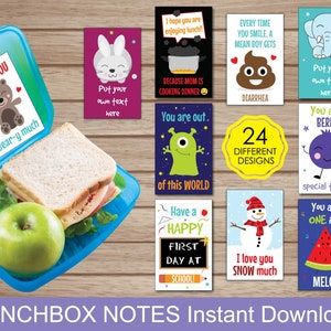 Puede incluir: Un conjunto de 24 notas para la lonchera imprimibles con varios dise&ntilde;os, ilustraciones lindas y texto. Las notas incluyen frases como "Te amo mucho", "Est&aacute;s fuera de este mundo", "&iexcl;Que tengas un feliz primer d&iacute;a de escuela!" y "&iexcl;Eres &uacute;nico como un mel&oacute;n!"