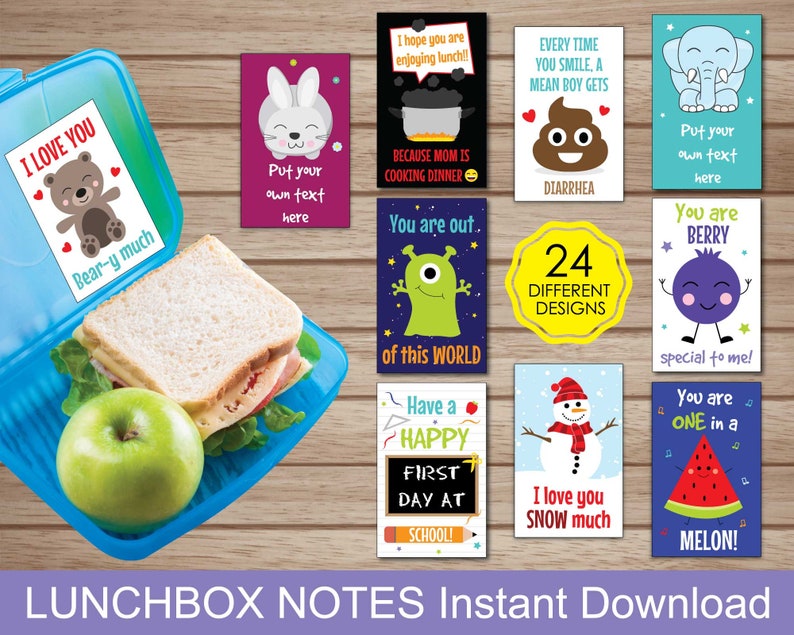 Puede incluir: Un conjunto de 24 notas para la lonchera imprimibles con varios dise&ntilde;os, ilustraciones lindas y texto. Las notas incluyen frases como "Te amo mucho", "Est&aacute;s fuera de este mundo", "&iexcl;Que tengas un feliz primer d&iacute;a de escuela!" y "&iexcl;Eres &uacute;nico como un mel&oacute;n!"