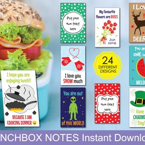 May include: A set of 24 printable lunchbox notes with various designs and messages. The notes feature illustrations of a sandwich, a deer, a watermelon, a snowman, an alien, a pot with steam, a leprechaun, and a bouquet of roses. The notes are perfect for adding a personal touch to your child's lunchbox.