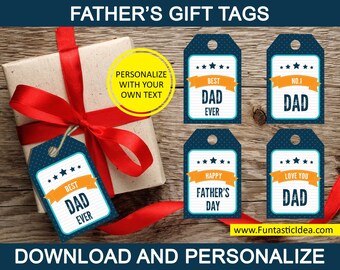 May include: Four printable gift tags with a blue and white polka dot background, a white border, and orange text. The tags say "Best Dad Ever", "No. 1 Dad", "Happy Father's Day", and "Love You Dad".