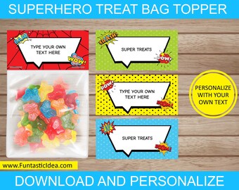 Toppers de bolsa de regalo de superhéroe, toppers de bolsa de favor de superhéroe, decoraciones de fiesta de superhéroe, cumpleaños de superhéroe / Descarga instantánea PDF imprimible