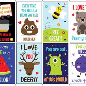 Puede incluir: Ocho tarjetas coloridas con ilustraciones lindas y juegos de palabras. Las tarjetas presentan una sand&iacute;a, un ciervo, una abeja, un oso, un monstruo, un ar&aacute;ndano, una olla de comida y una pila de caca.