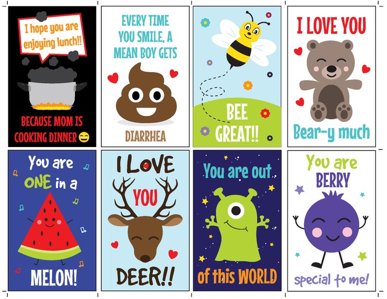 Puede incluir: Ocho tarjetas coloridas con ilustraciones lindas y juegos de palabras. Las tarjetas presentan una sand&iacute;a, un ciervo, una abeja, un oso, un monstruo, un ar&aacute;ndano, una olla de comida y una pila de caca.
