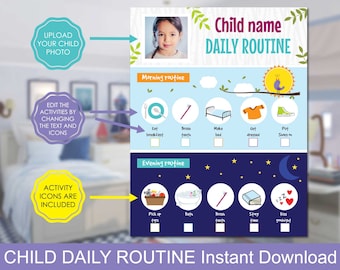 Tableau modifiable des responsabilités quotidiennes des enfants | Tableau de corvée imprimable | Routine quotidienne imprimable | Liste de contrôle et routine du matin/soir