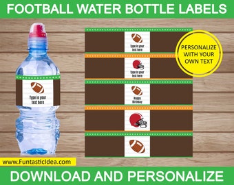 May include: Printable water bottle labels featuring a football design. The labels are brown with green and orange accents. The text on the labels says "Type in your text here" and "Happy Birthday".