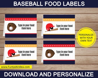 Baseball Party Food Labels, Baseball Place Cards, Baseball Tent Cards, Baseball Labels | Editable Text - Instant Download PDF Printable