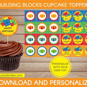 Building Blocks Birthday Cupcake Toppers, Building Blocks Circles, Building Blocks Cake Toppers | Editable Text - Instant Download PDF