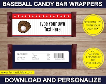Baseball Candy Bar Wrappers, Baseball Chocolate Bar Labels, Baseball Birthday Party | Editable Text - Instant Download PDF Printable