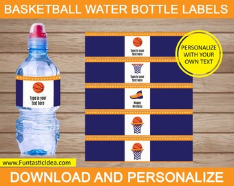 May include: Basketball water bottle labels in blue, orange, and white, featuring basketballs and nets. The labels include text fields for customisation and the words "Happy Birthday." A water bottle with a basketball label is also shown.